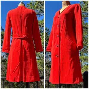 Vintage 60s Orange Wool Knit Pleated Belted Back Mod Midi Coat Dress + Pockets